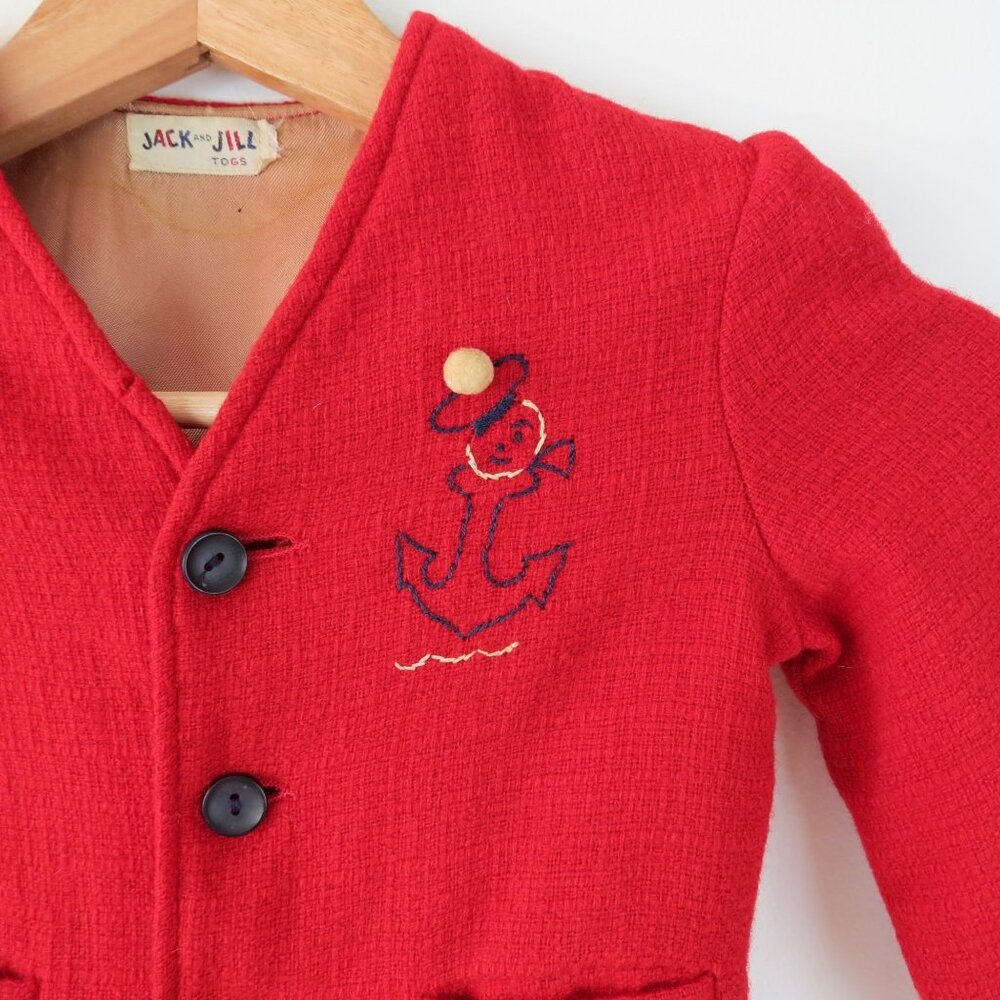 VINTAGE 50s 60s Red Baby Jacket with Anchor Embroidery